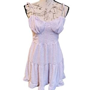 New Coquette Lavender Floral Peasant Tiered Ruffle Mini Dress Small Smocked Bow
